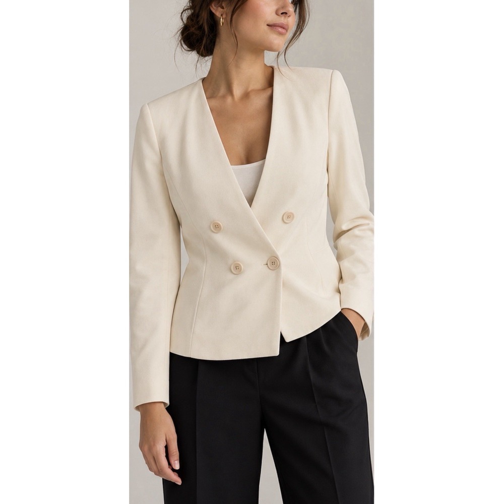 Anthropologie Blazer Jacket 14 Ivory Collarless Double Breasted Tailored Chic